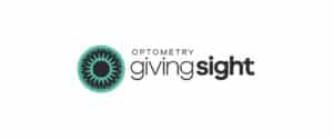 Optometry Giving Sight logo a turquoise eye with black icons in the shape of people for the iris