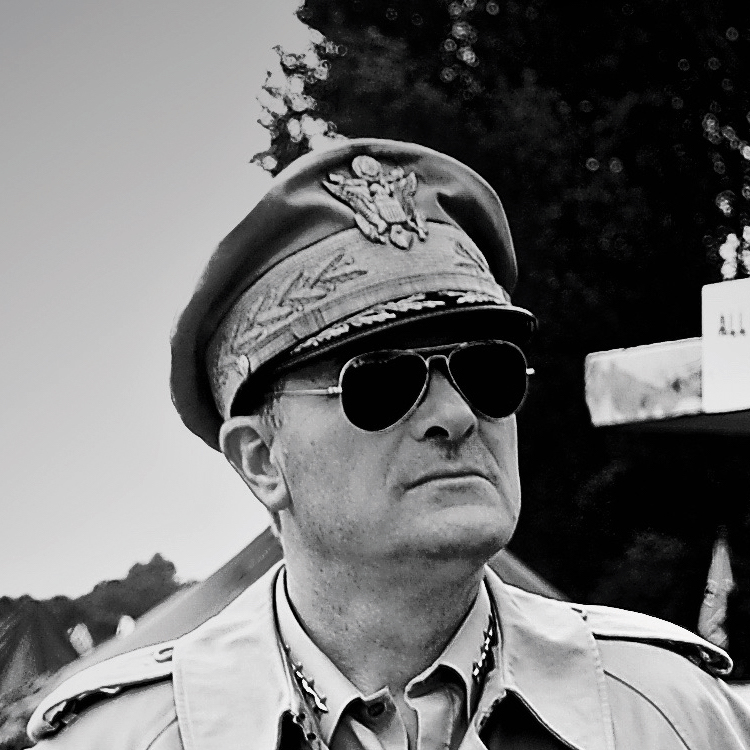 General MacArthur US WW2 General re-enactor at the War and Peace show, wearing aviators.
