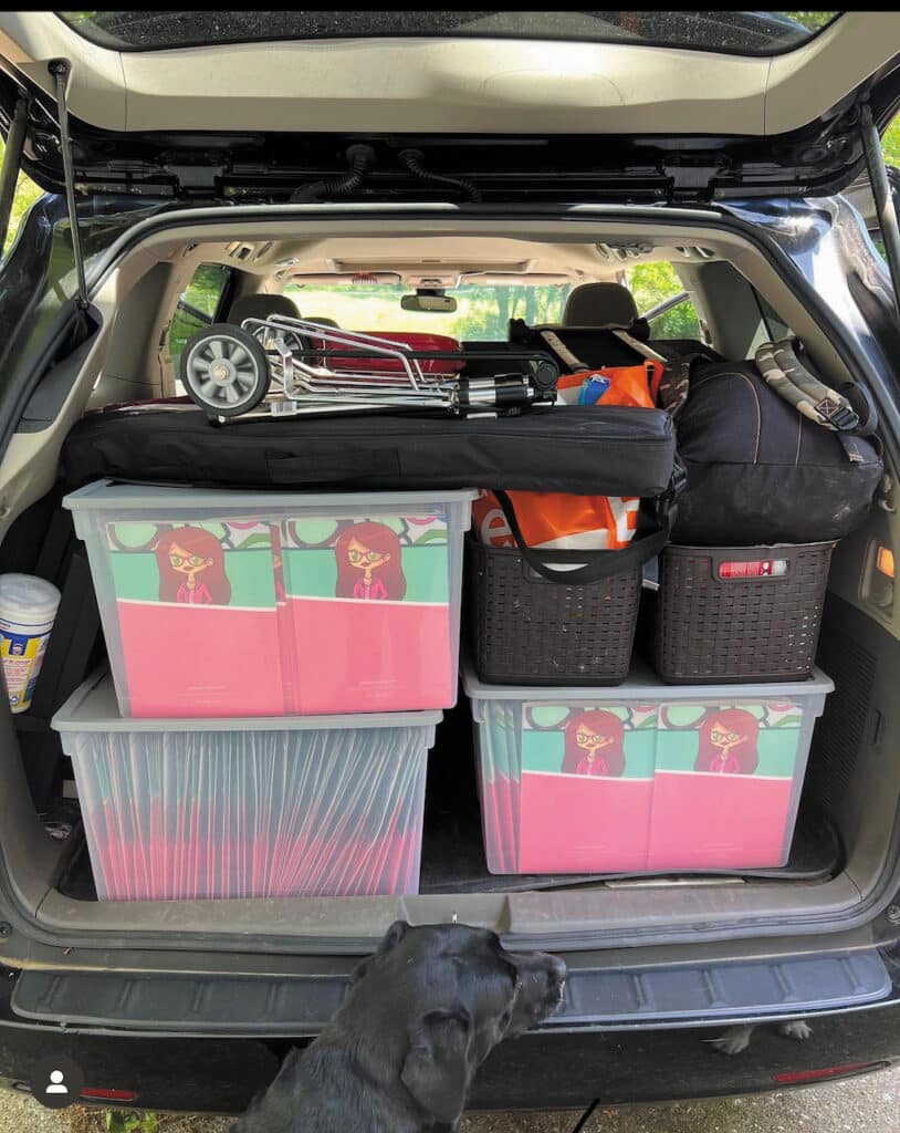 Photograph of an optical salesperson's trunk - fully packed and ready for the road.