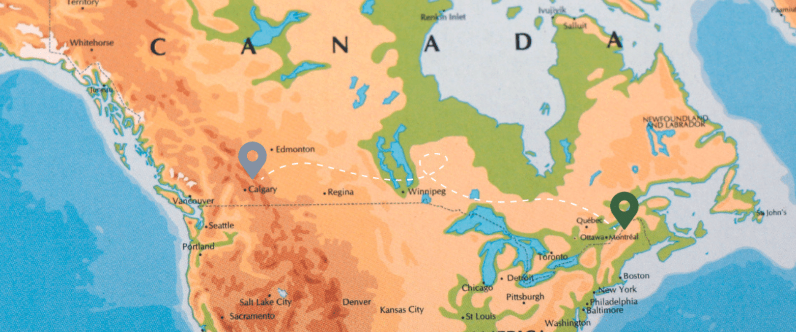 Map of Canada with an exaggerated, windy route between Montreal and Calgary.