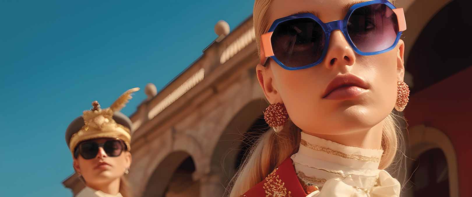 High-fashion outdoor scene with models wearing oversized trendy 2024 sunglasses and royal attire against a blue sky and bridge in the background.