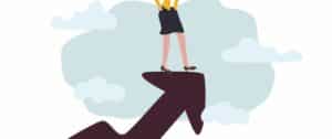 Illustration of a woman standing on an upward-pointing arrow, with clouds in the background. The image has been cropped above the woman's waist.