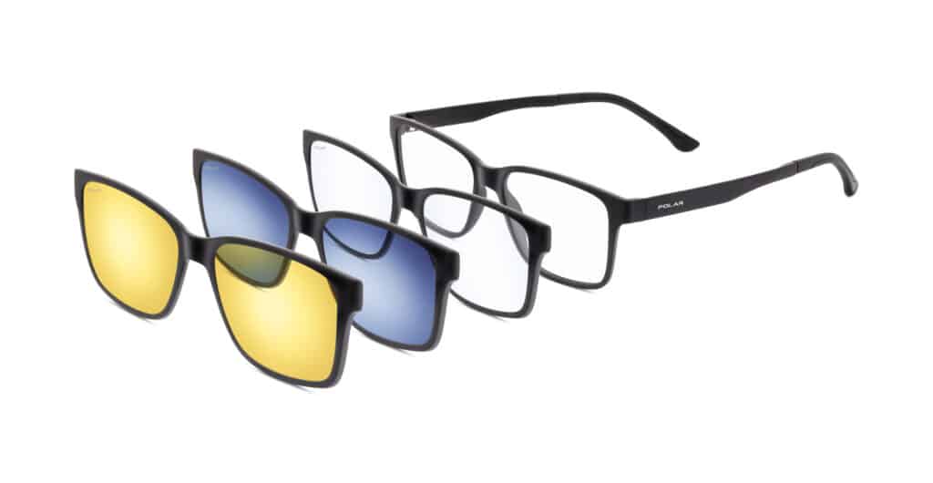 Revert Presents Polar Clip-on MOVE- image of glasses and three clip-on options