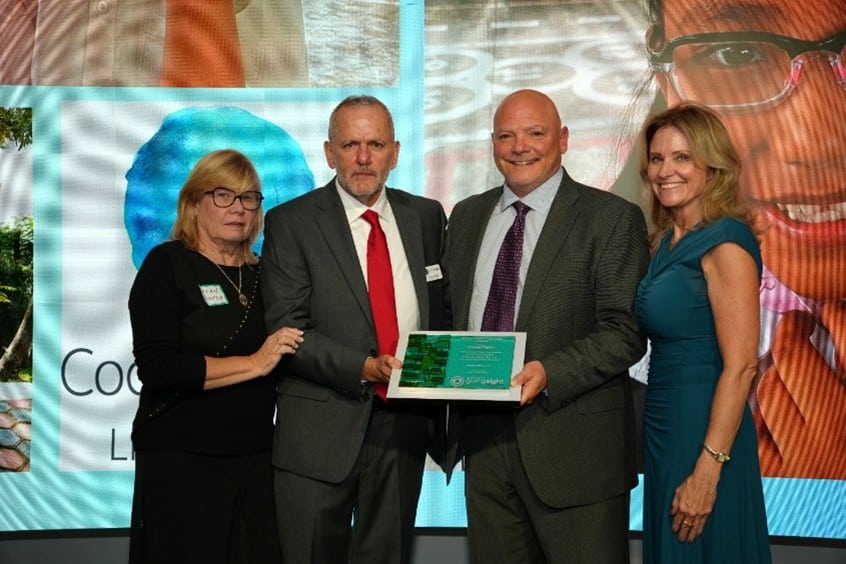 CooperVision President Jerry Warner (second from right) accepts the Brien Holden Founders Award from (l to r) OGS Canada Chair, Dr. Susan Cooper, OGS U.S. Board Chair Dr. Juan Carlos Aragon, and OGS Executive Director, Donna J. Mikulecky