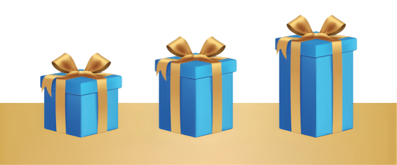 Three blue gift boxes with gold ribbons illustrating the article Giving Back with Purpose