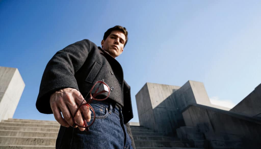 JF Rey Life Man in front of buildings